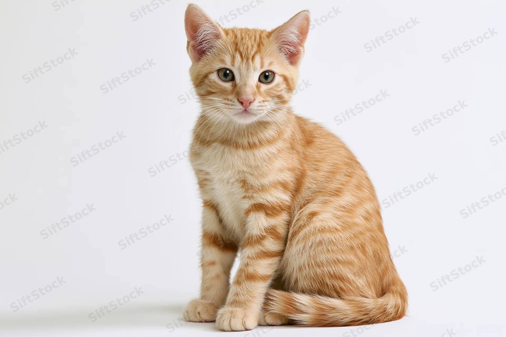 Young orange tabby kitten sitting upright facing camera on white background
