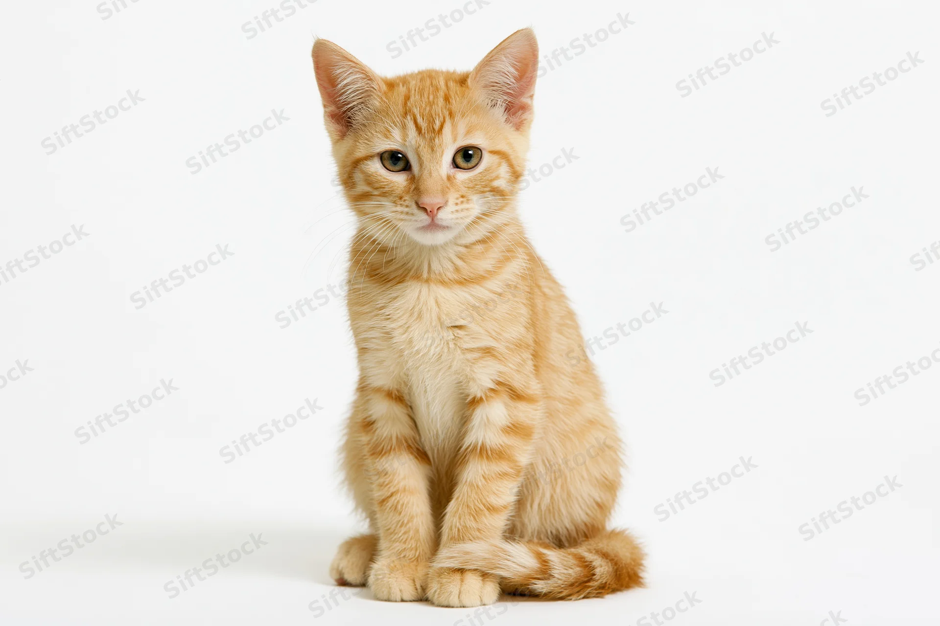 Young orange tabby kitten sitting upright facing camera on white background