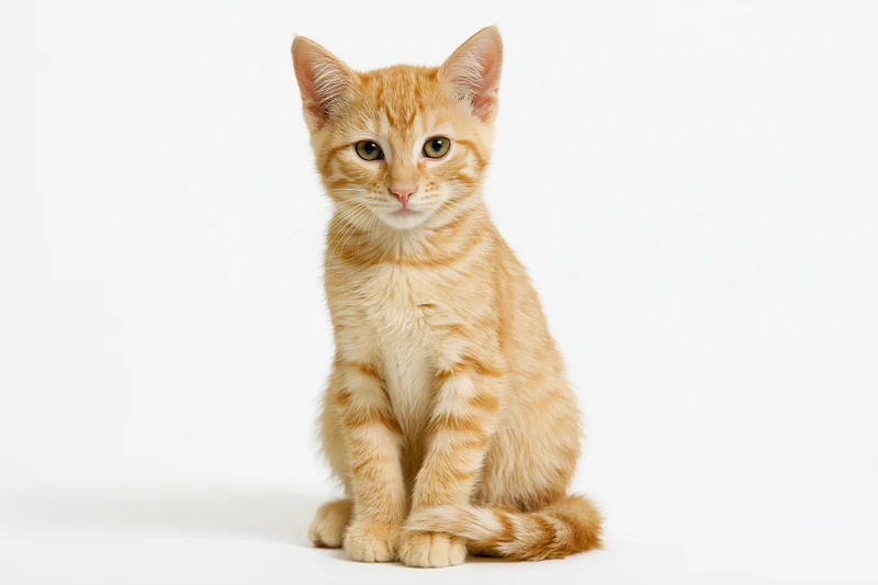 Young orange tabby kitten sitting upright facing camera on white background