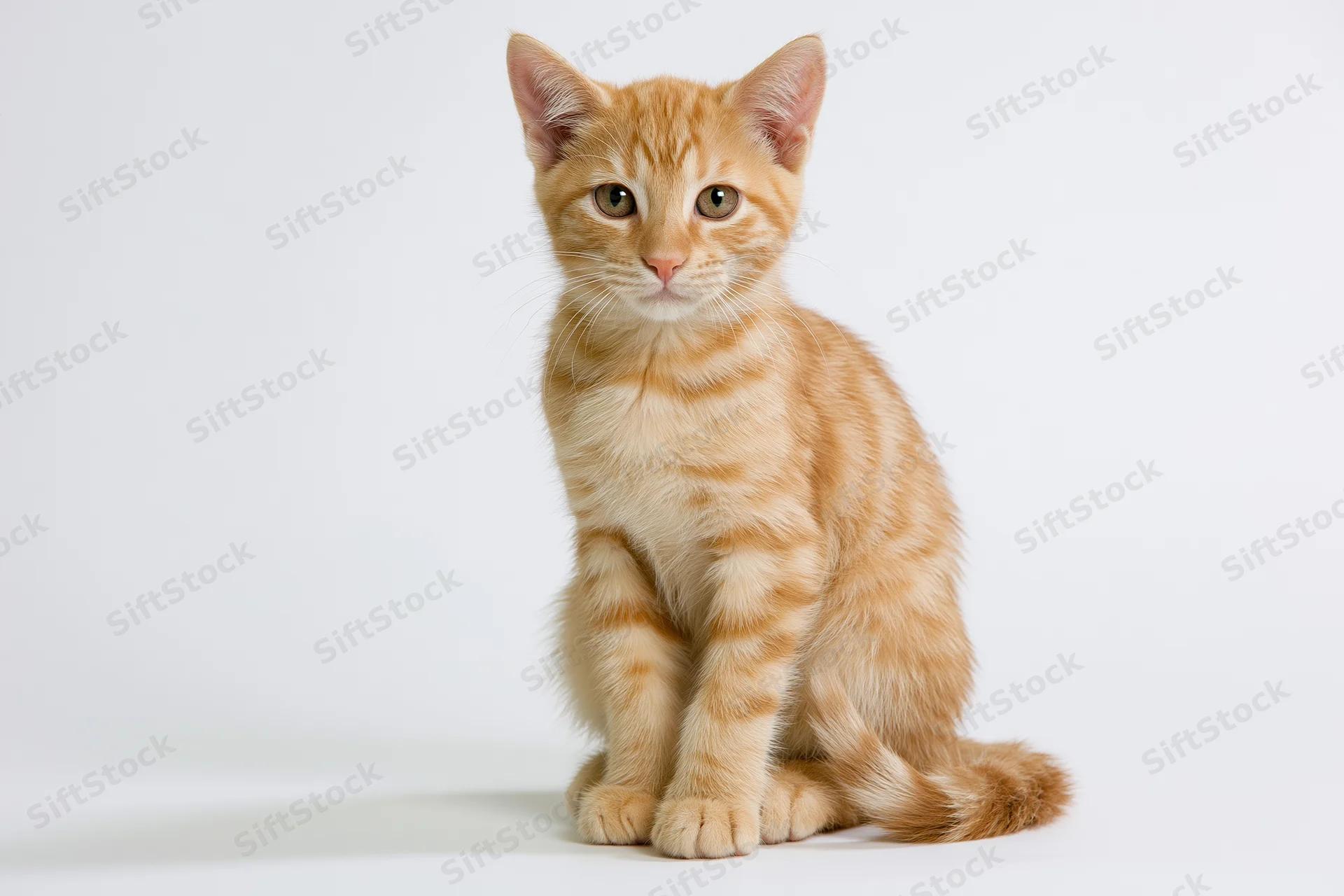 Young orange tabby kitten sitting upright facing camera on white background