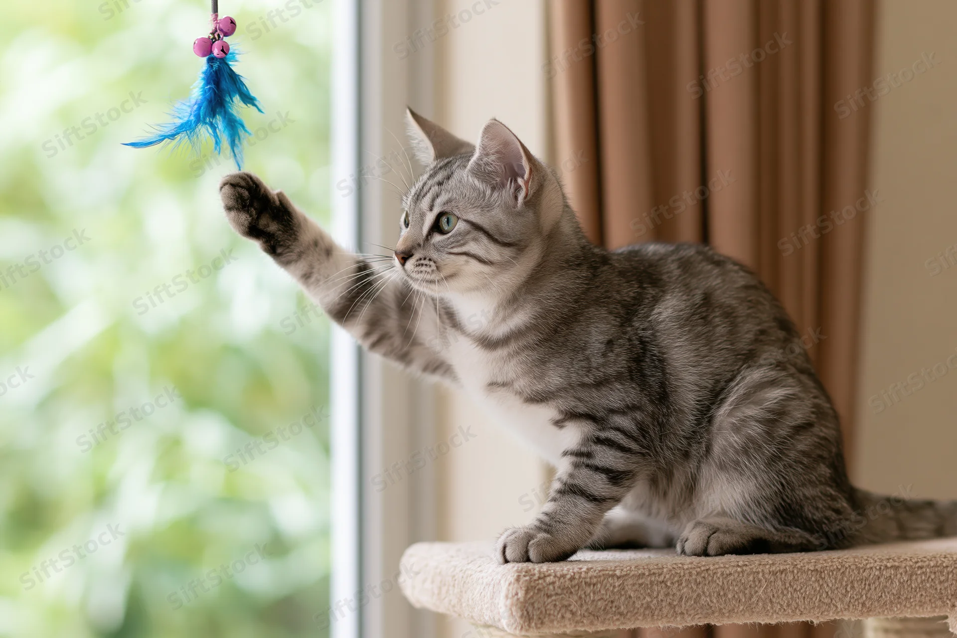 Silver tabby kitten reaching with paw toward feather toy perched on carpeted cat tree near window