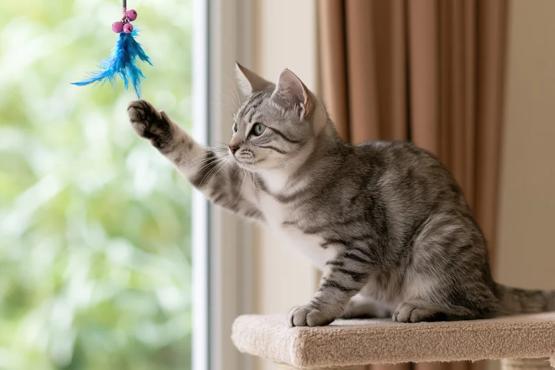 Silver tabby kitten reaching with paw toward feather toy perched on carpeted cat tree near window