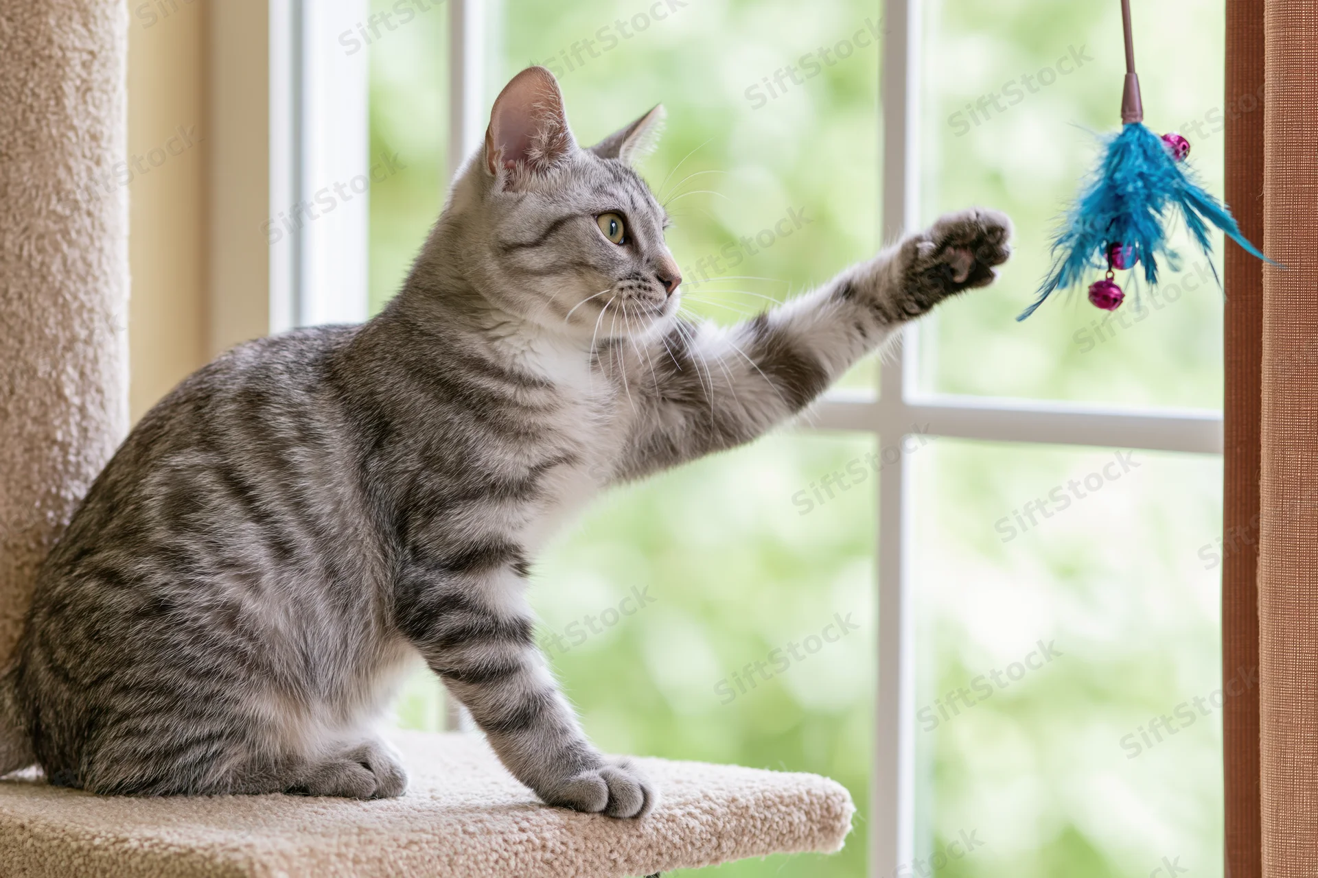 Silver tabby cat reaching with paw toward hanging feather toy on cat tree near window