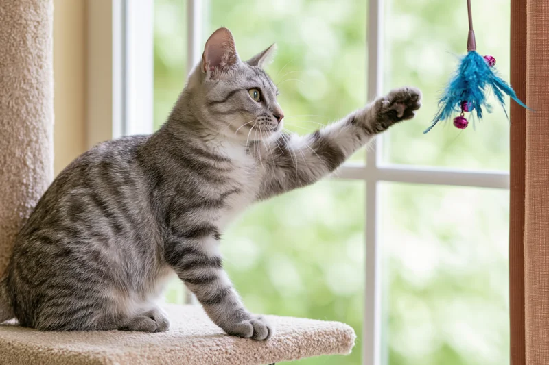Silver tabby cat reaching with paw toward hanging feather toy on cat tree near window