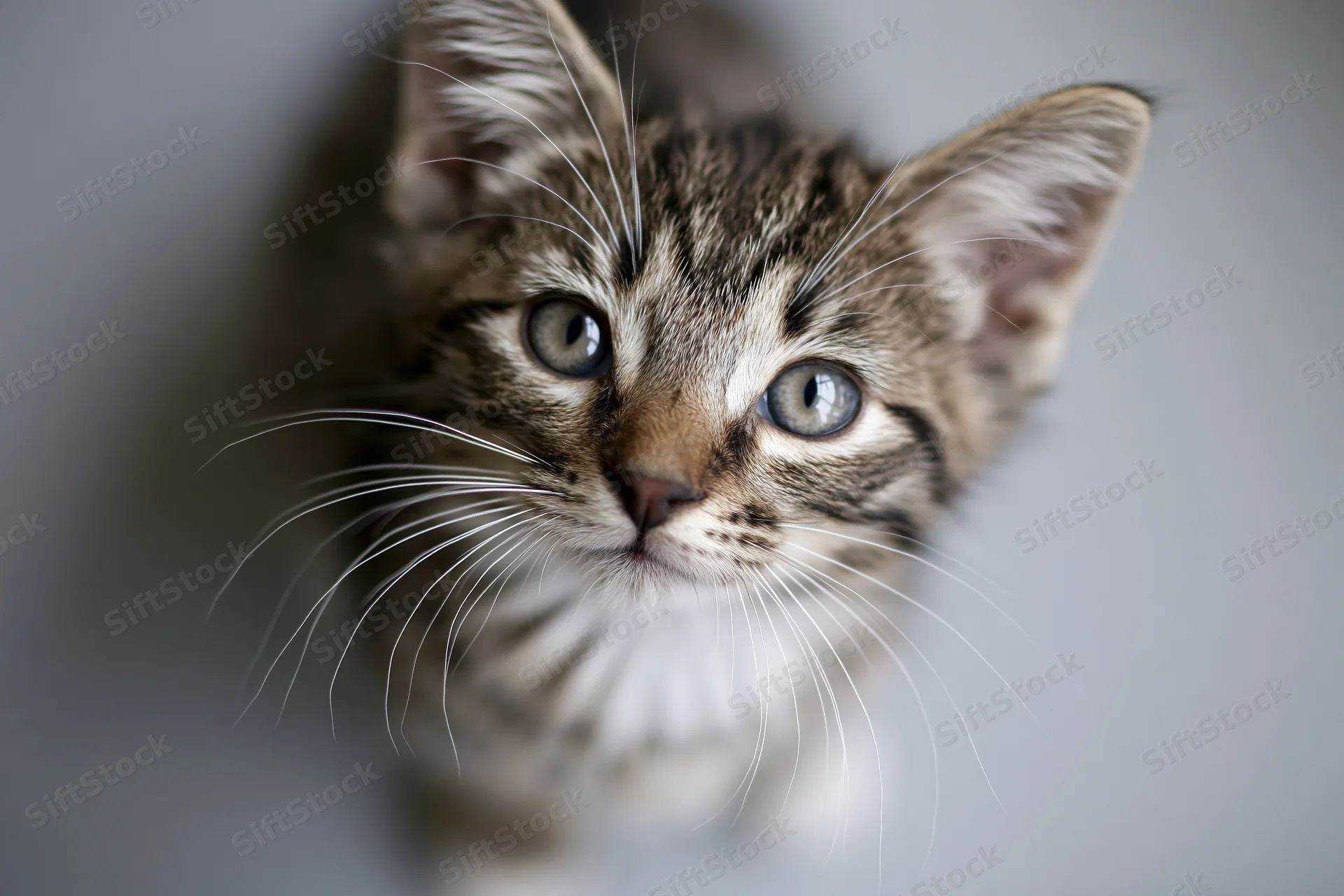 Young tabby kitten looking upward with wide blue eyes in close-up portrait