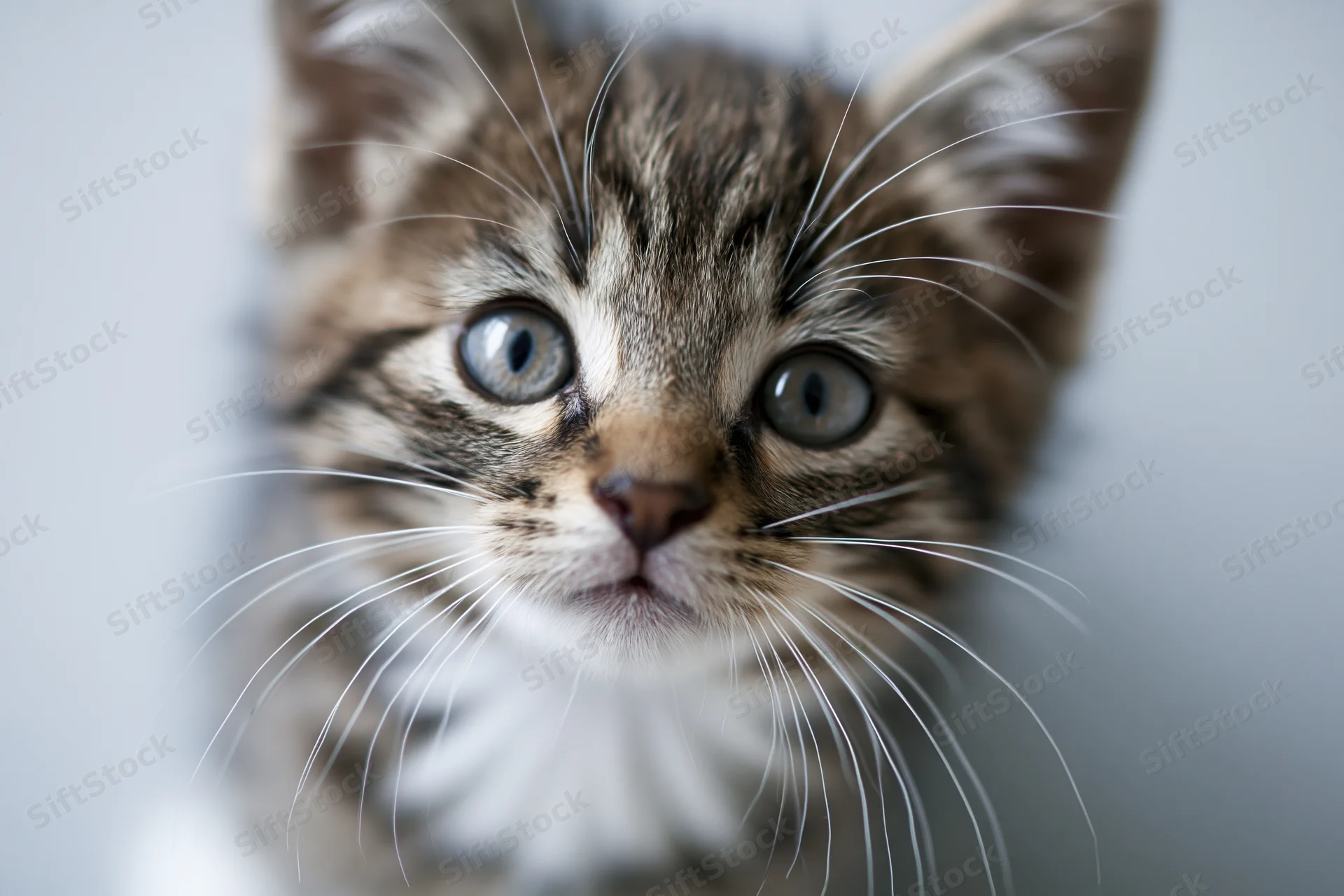 Young tabby kitten looking directly at camera with wide blue eyes in close-up portrait