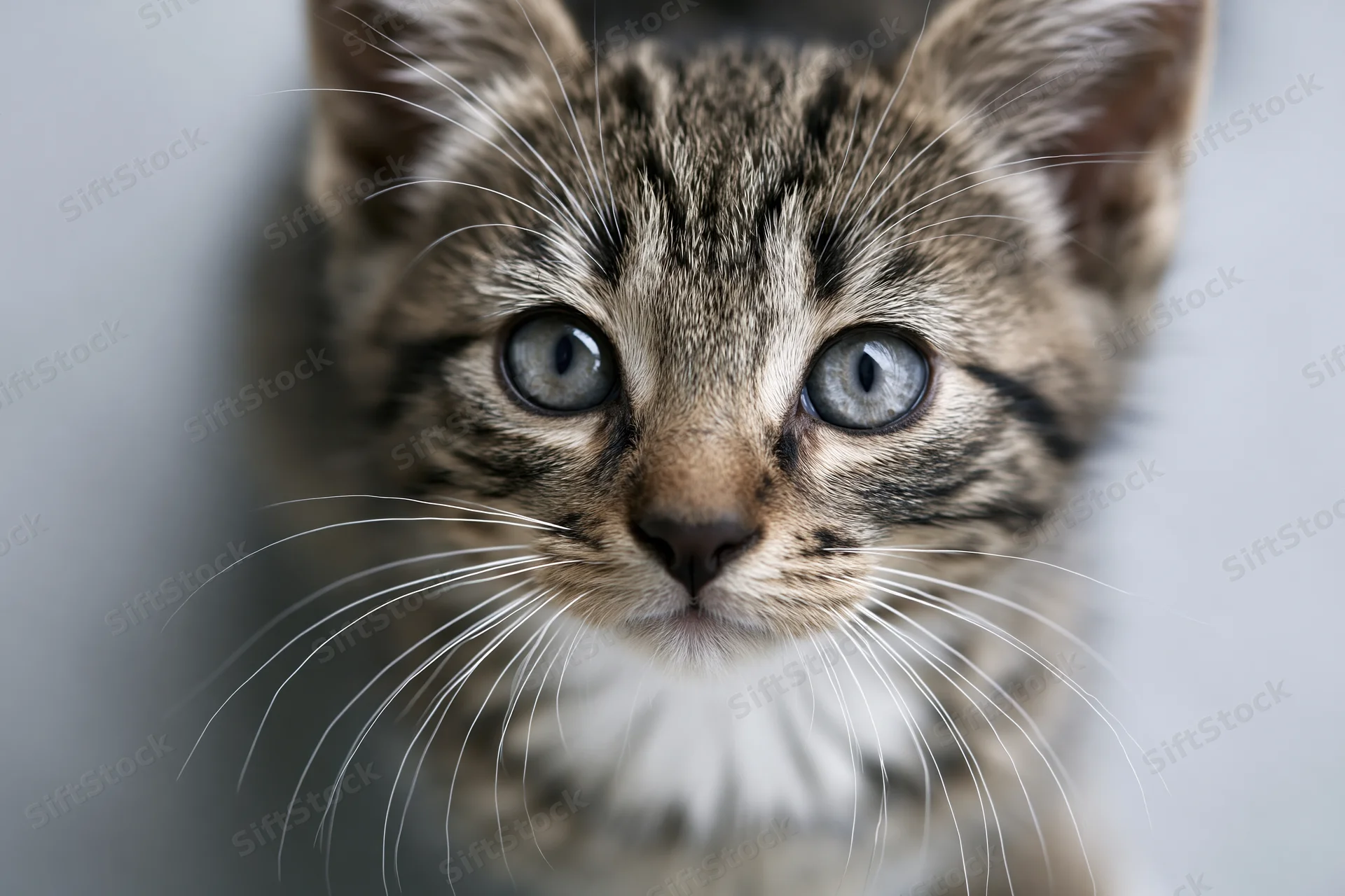 Young tabby kitten looking upward at camera with blue eyes and white whiskers