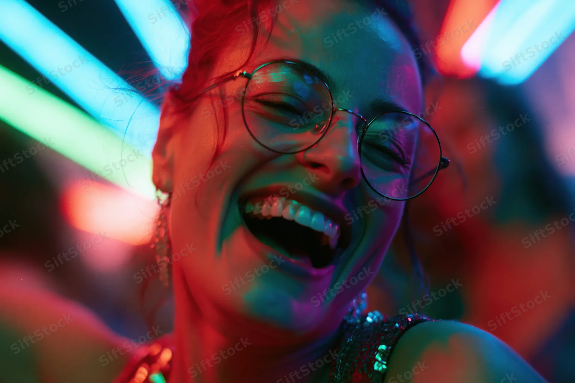 Woman laughing with mouth open wearing round metal-framed glasses in a neon-lit club setting