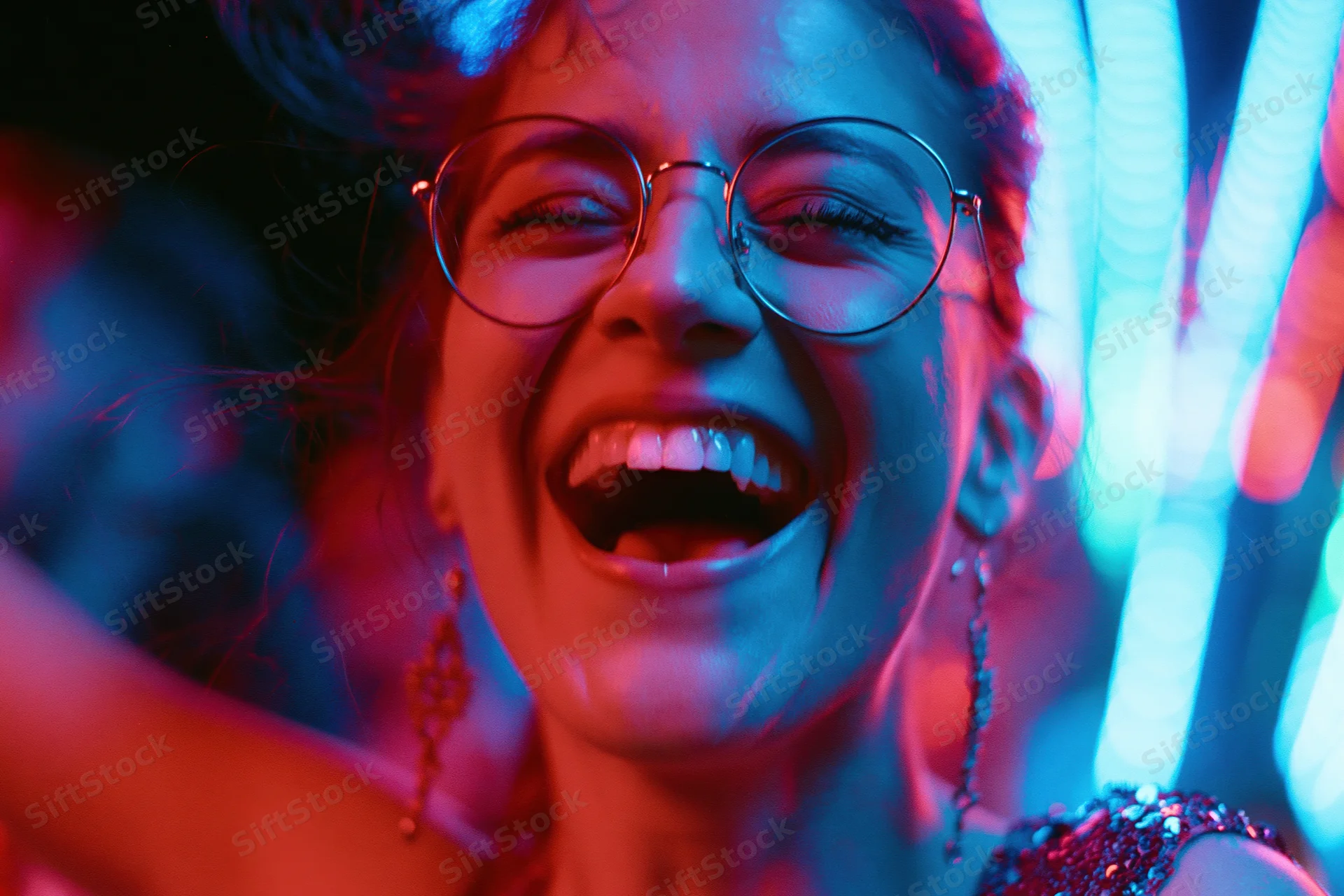 Young woman laughing with mouth open wearing round metal-framed glasses in neon-lit club setting