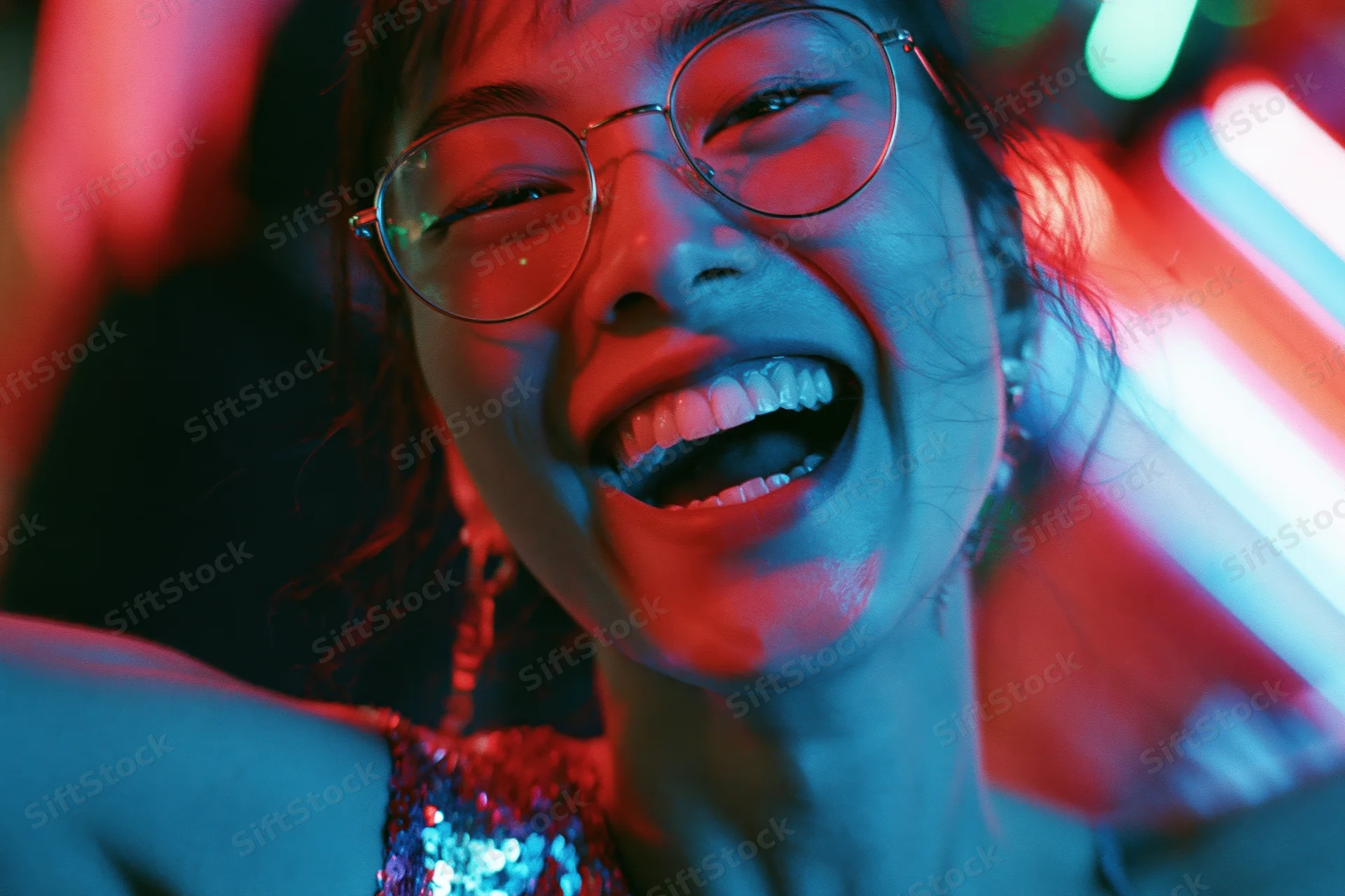Woman laughing with mouth open wearing round metal-framed glasses in neon-lit club setting