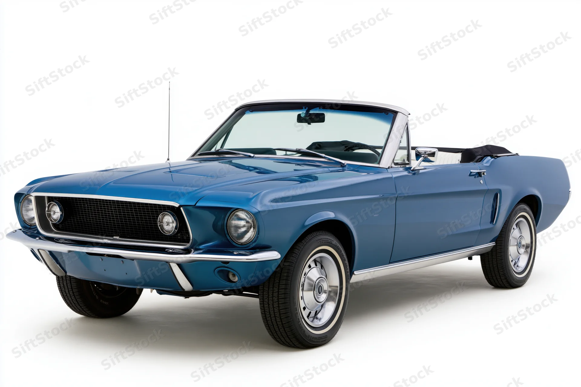 Blue 1967-1968 ford mustang convertible in studio view with soft top down