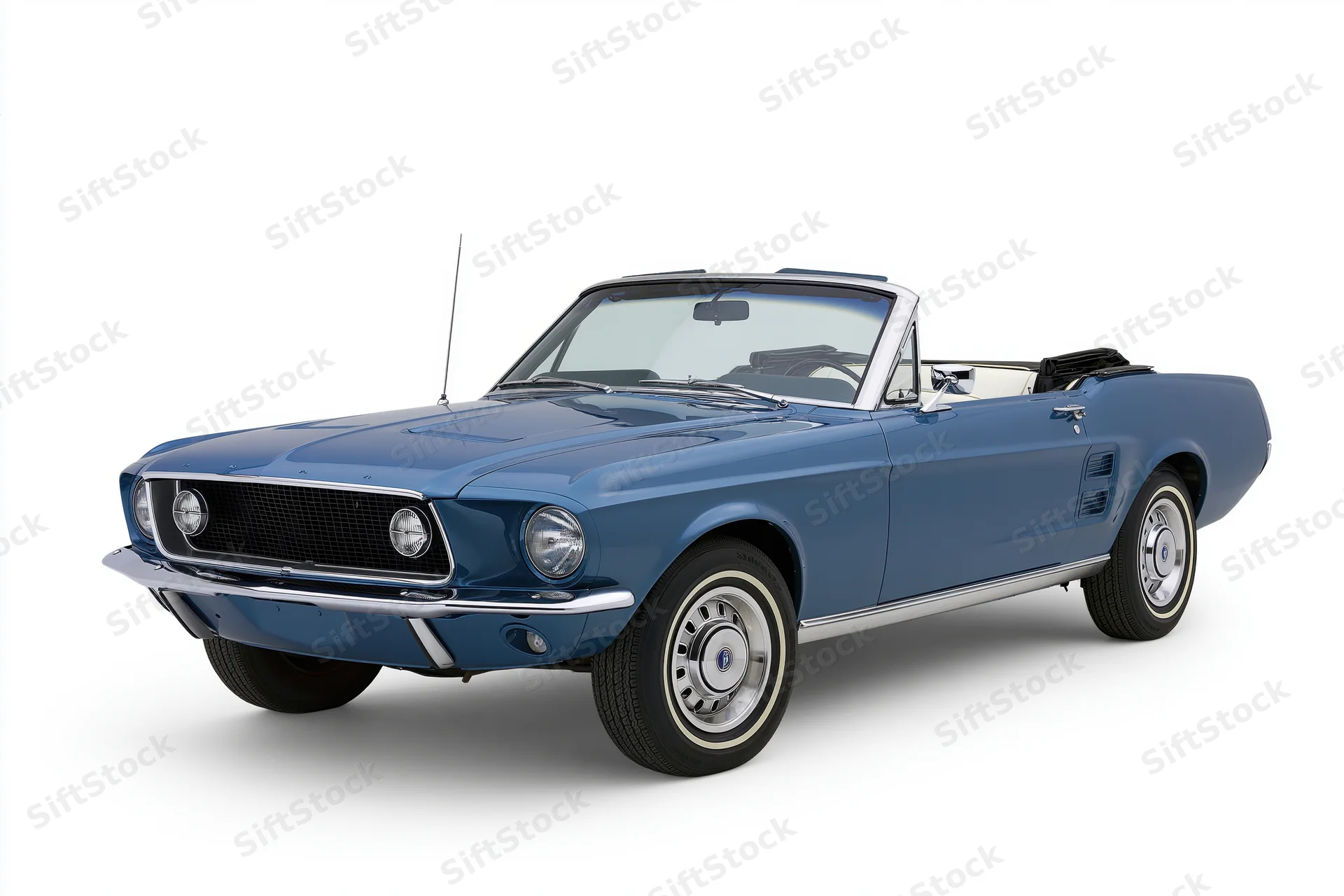 Blue 1967-1968 ford mustang convertible shown in studio view with chrome details and whitewall tires