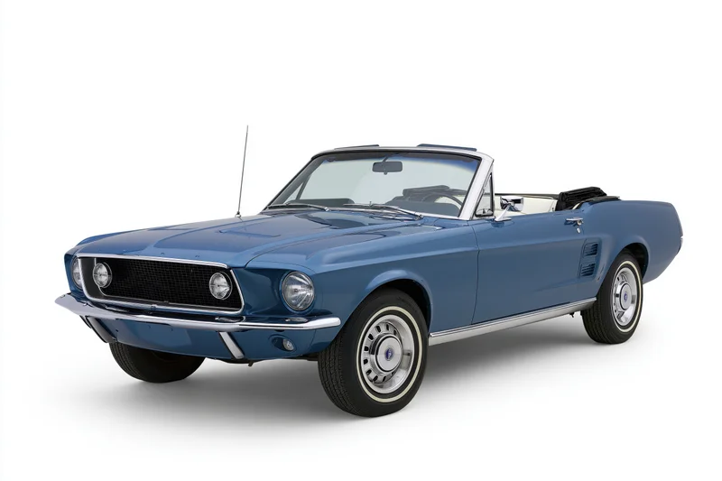Blue 1967-1968 ford mustang convertible shown in studio view with chrome details and whitewall tires