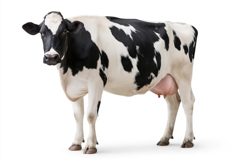 Black and white holstein dairy cow standing in profile against white background