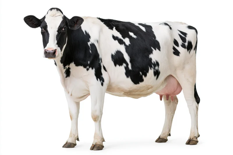 Black and white holstein dairy cow standing in profile against white background