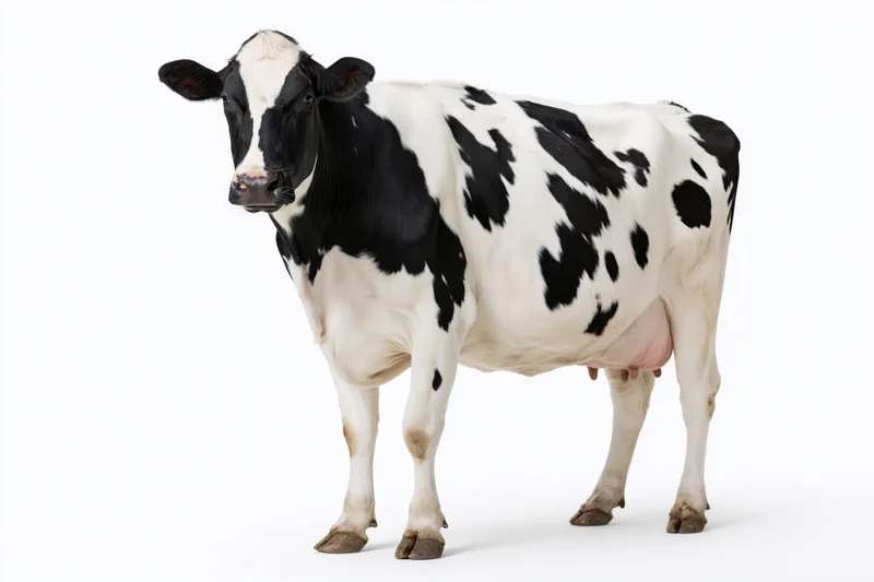 Black and white holstein dairy cow standing and turning its head on white background