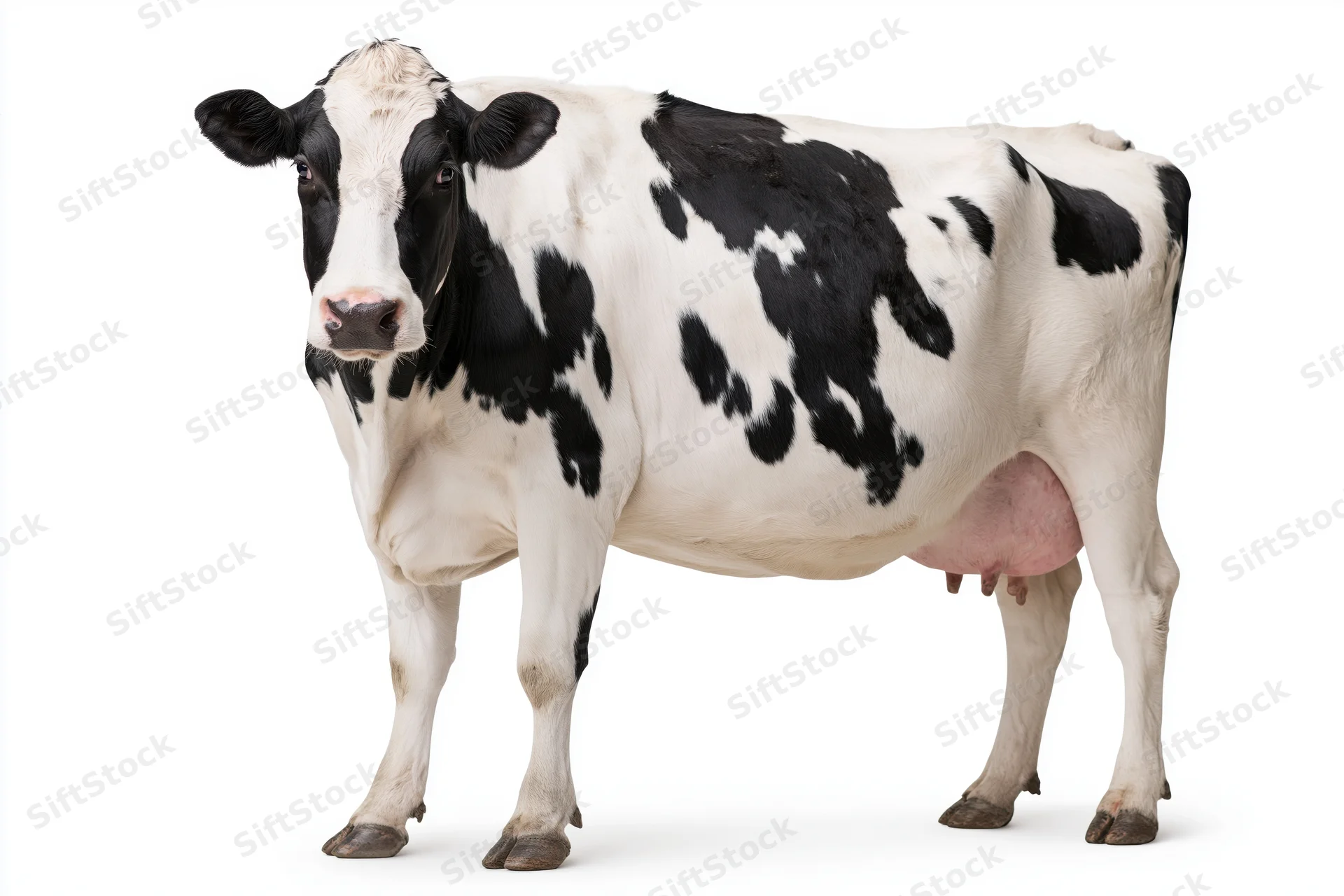 Holstein dairy cow standing in profile against white background