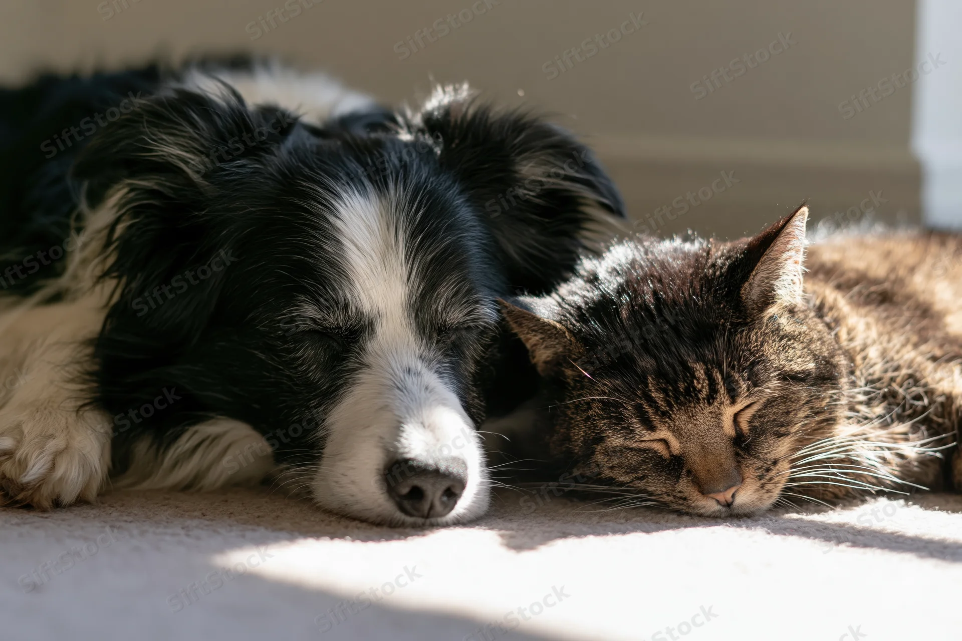 Black and white border collie sleeping beside a tabby cat on carpeted floor in sunlight