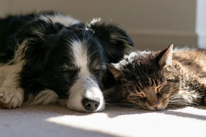 Black and white border collie sleeping beside a tabby cat on carpeted floor in sunlight