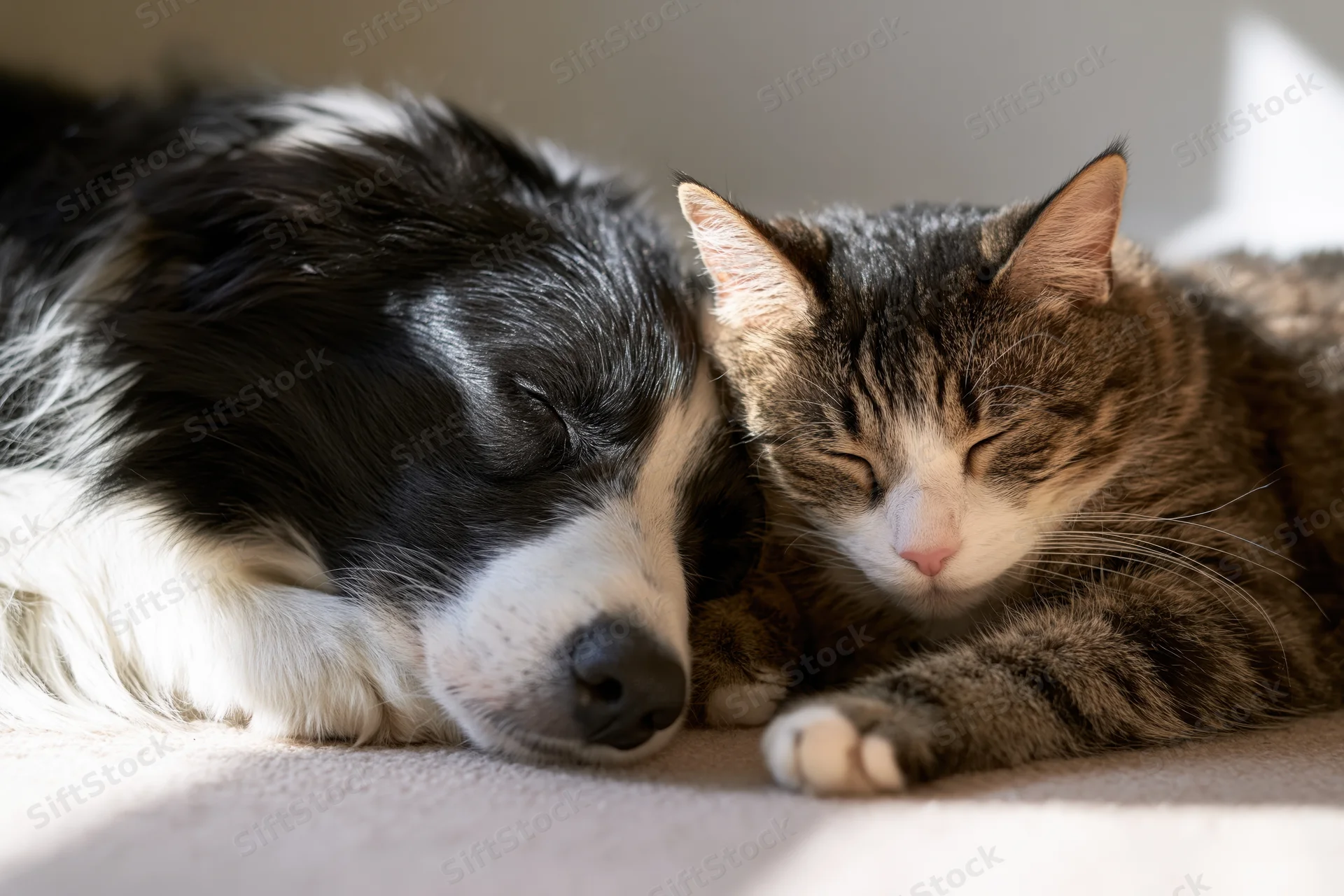 Black and white dog and tabby cat sleeping together on carpeted floor
