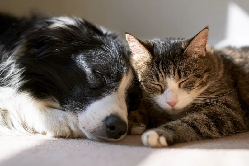 Black and white dog and tabby cat sleeping together on carpeted floor