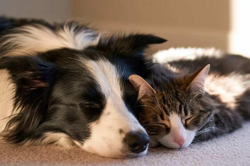 Black and white border collie sleeping with head resting beside a tabby cat on carpet