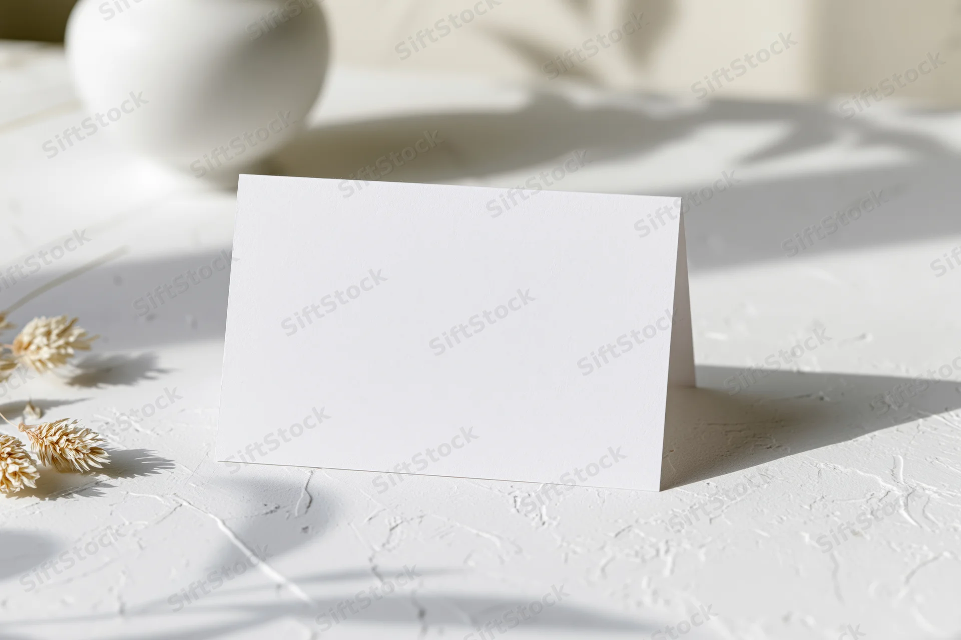 Blank white folded tent card standing on textured surface with dried grass and soft shadows