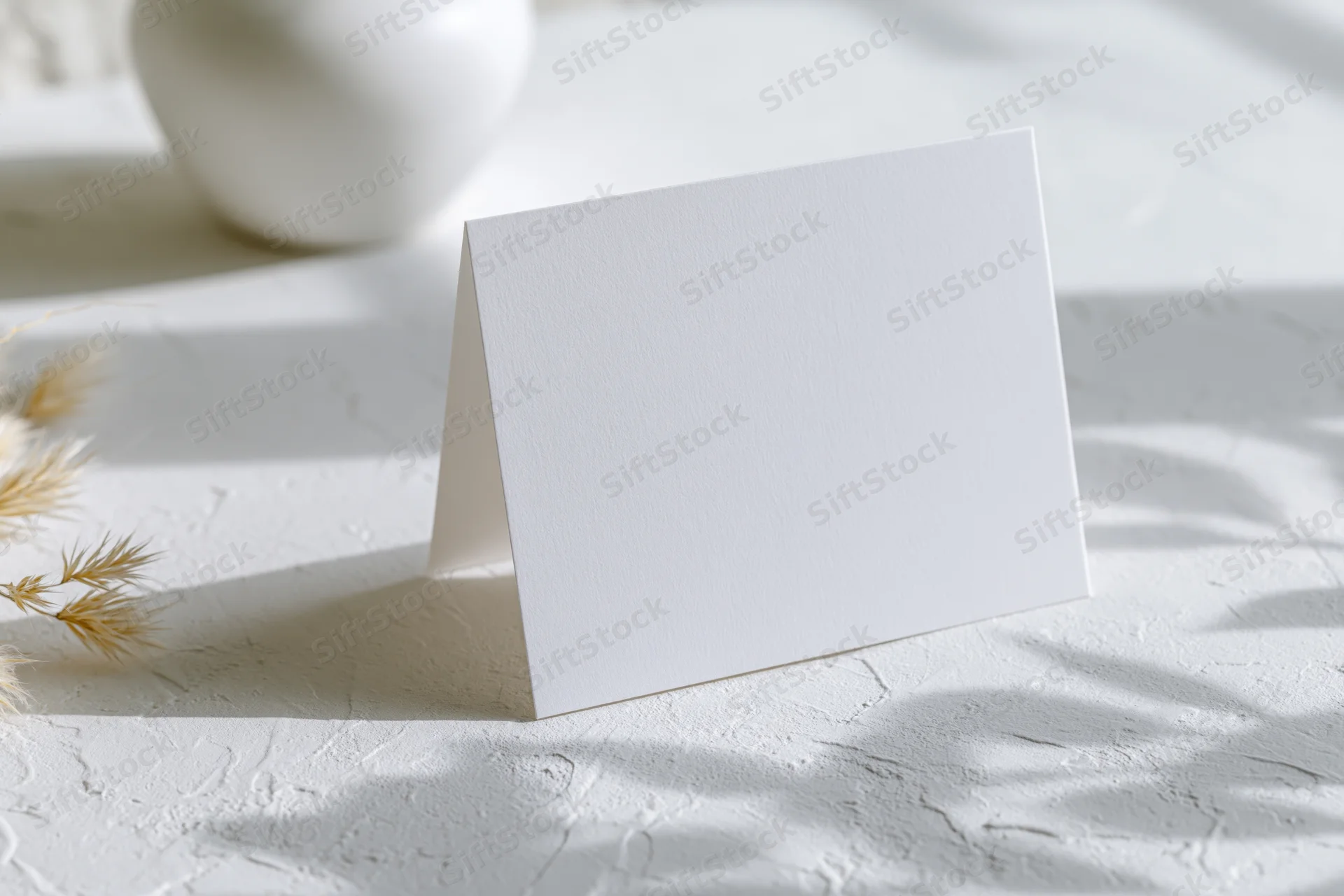 Blank white folded tent card standing on textured surface with dried grass and vase in soft sunlight