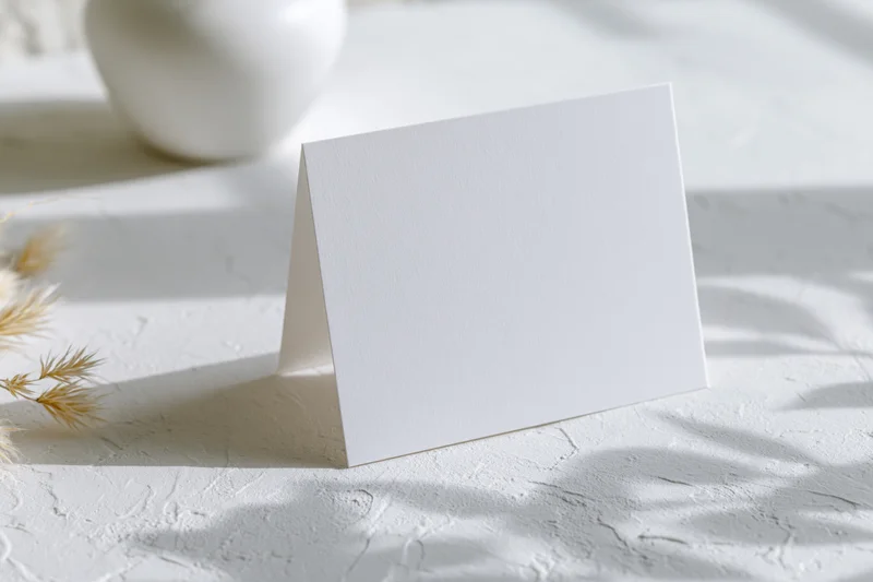 Blank white folded tent card standing on textured surface with dried grass and vase in soft sunlight