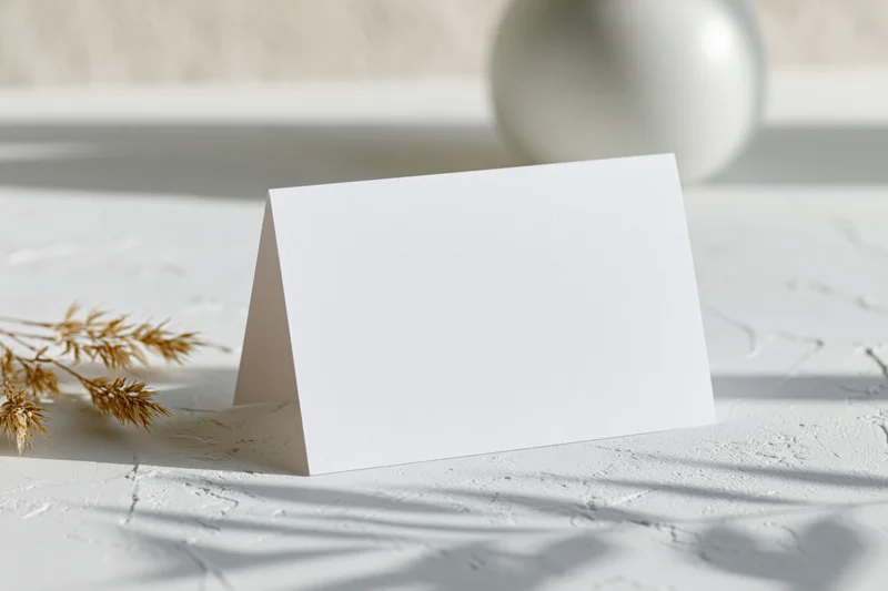 Blank white folded tent card standing on textured surface with dried grass and soft shadows