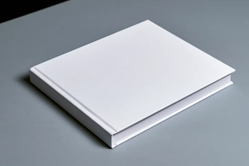 Blank white hardcover book lying flat on gray surface