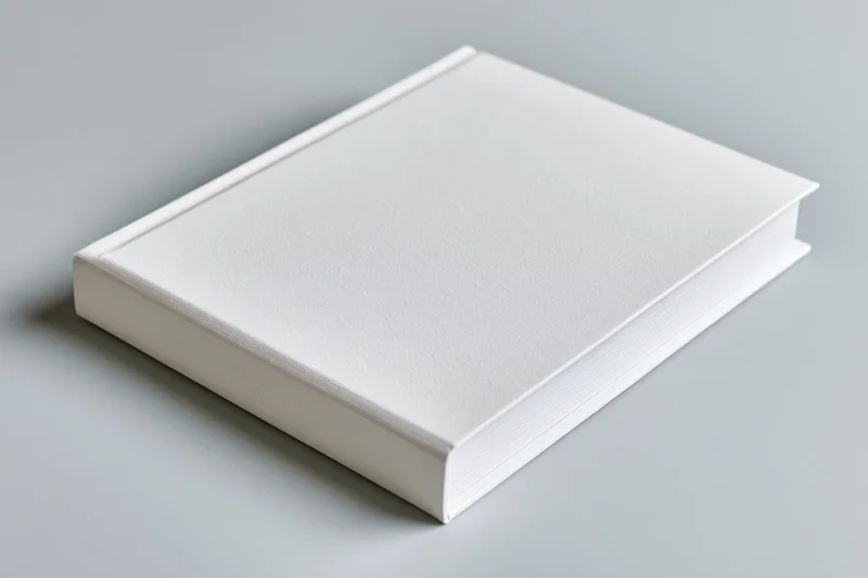 Blank white hardcover book lying flat on a light surface at a slight angle