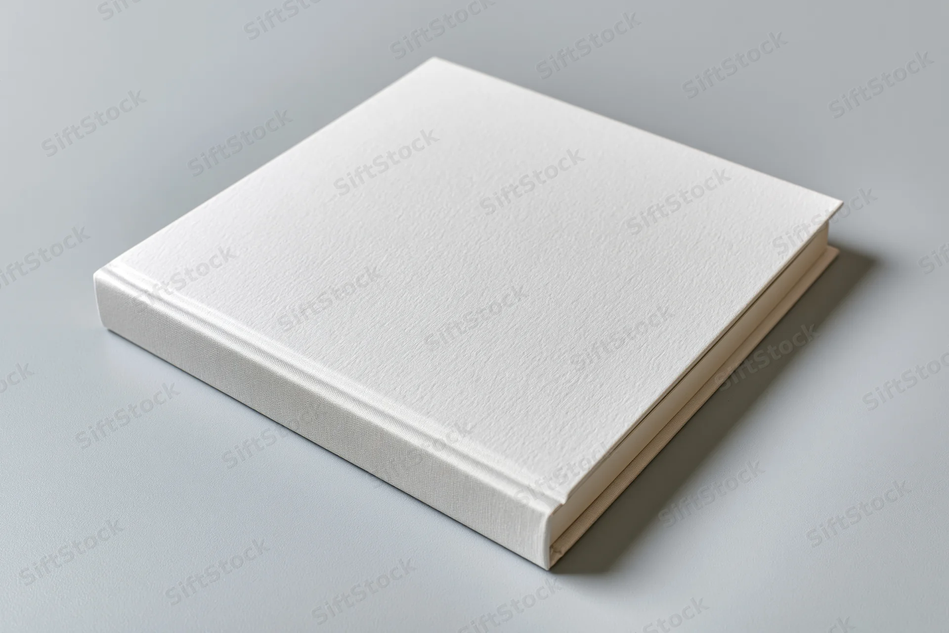 Blank white hardcover book lying flat at slight angle on gray surface