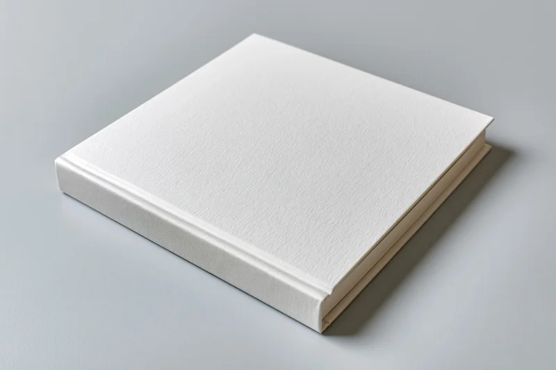 Blank white hardcover book lying flat at slight angle on gray surface