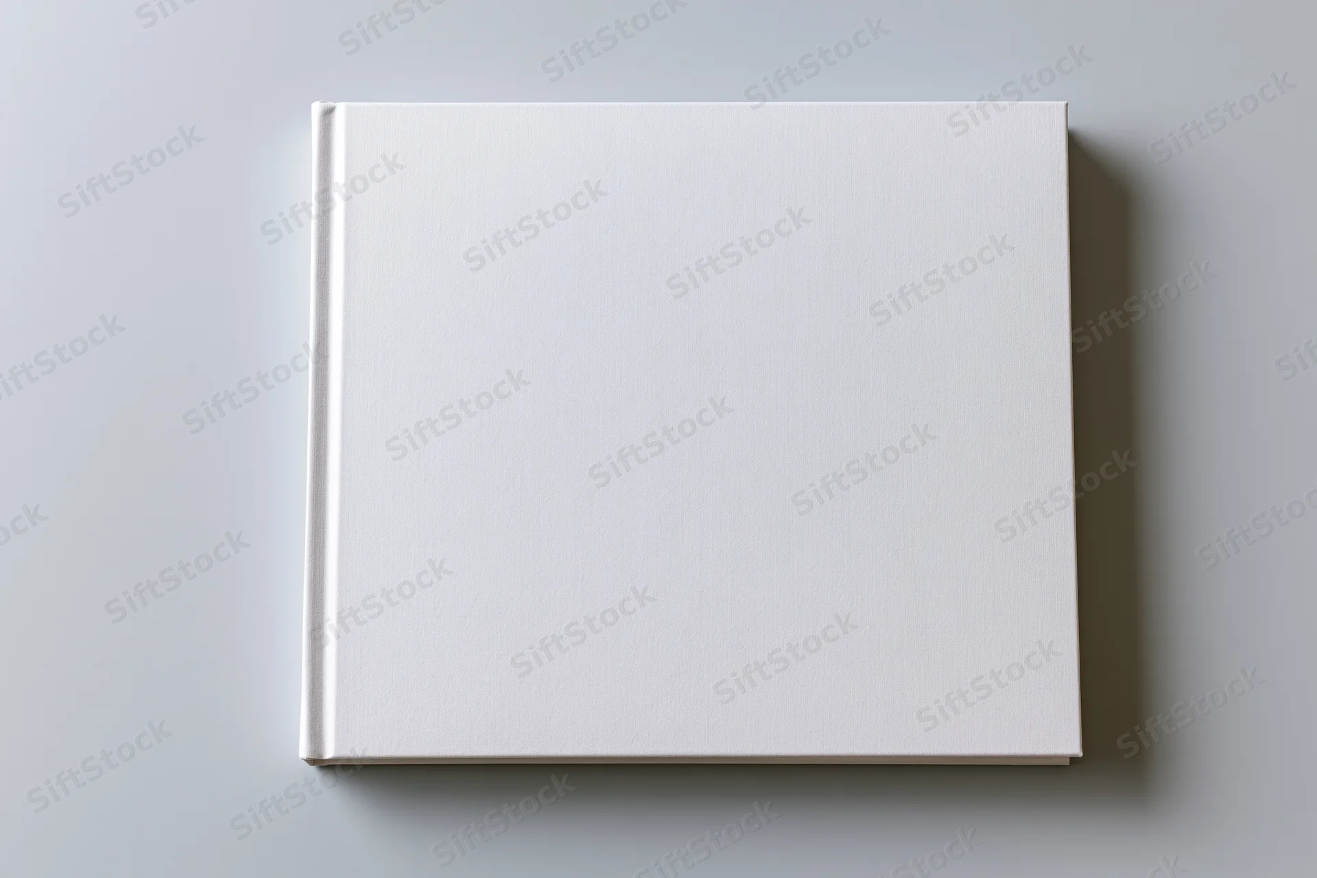 Blank white hardcover book lying flat centered on light gray surface