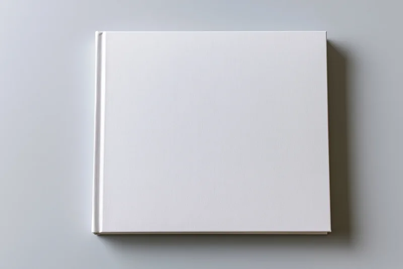 Blank white hardcover book lying flat centered on light gray surface