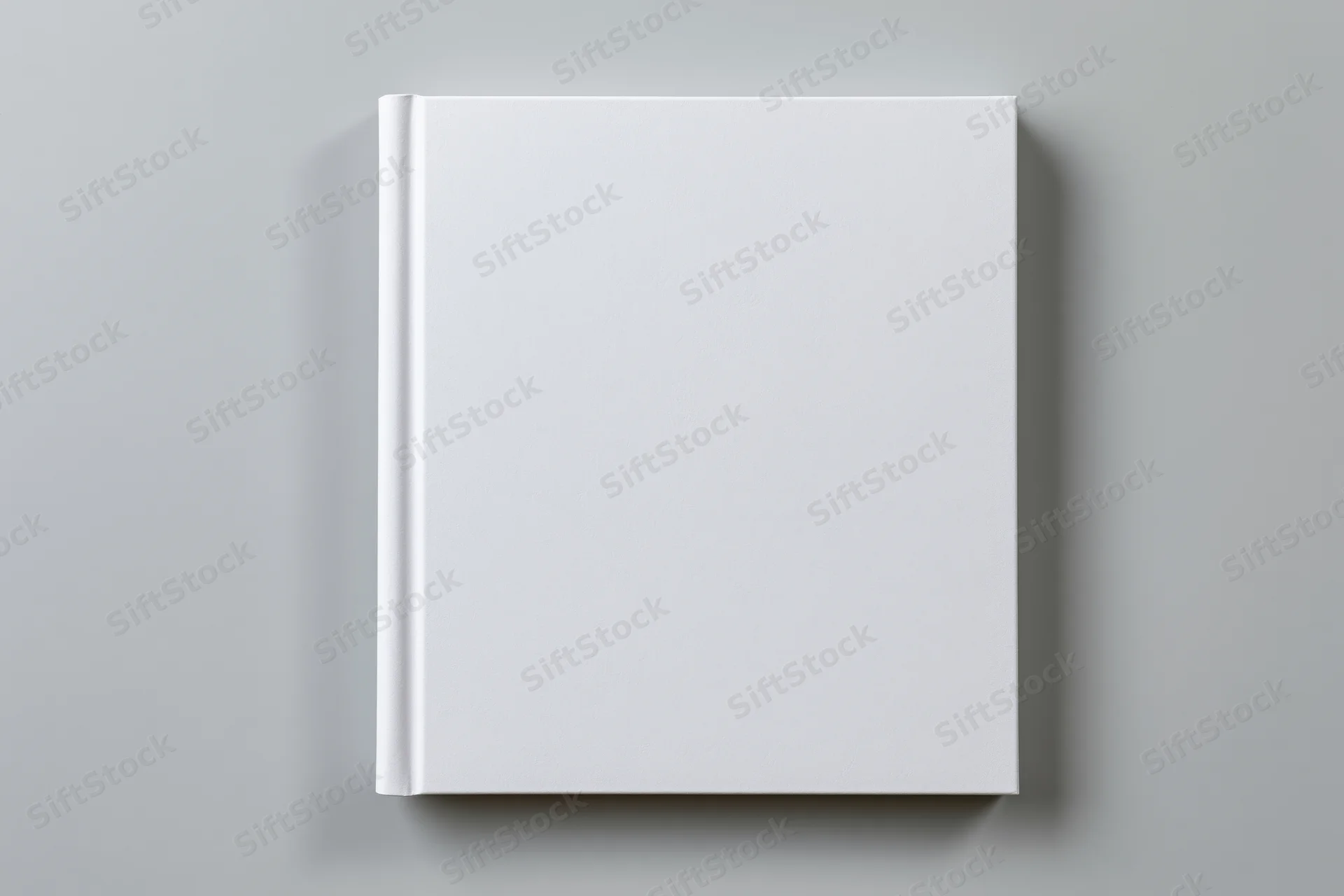 Blank white hardcover book lying flat on a gray surface