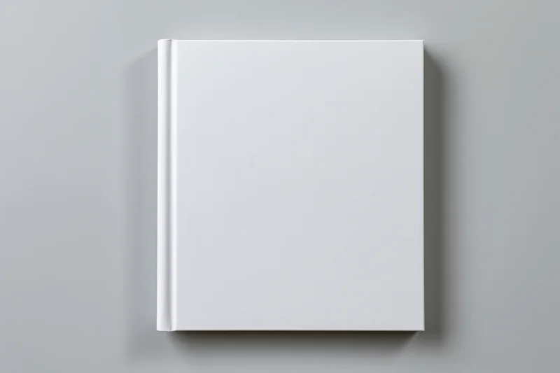 Blank white hardcover book lying flat on a gray surface