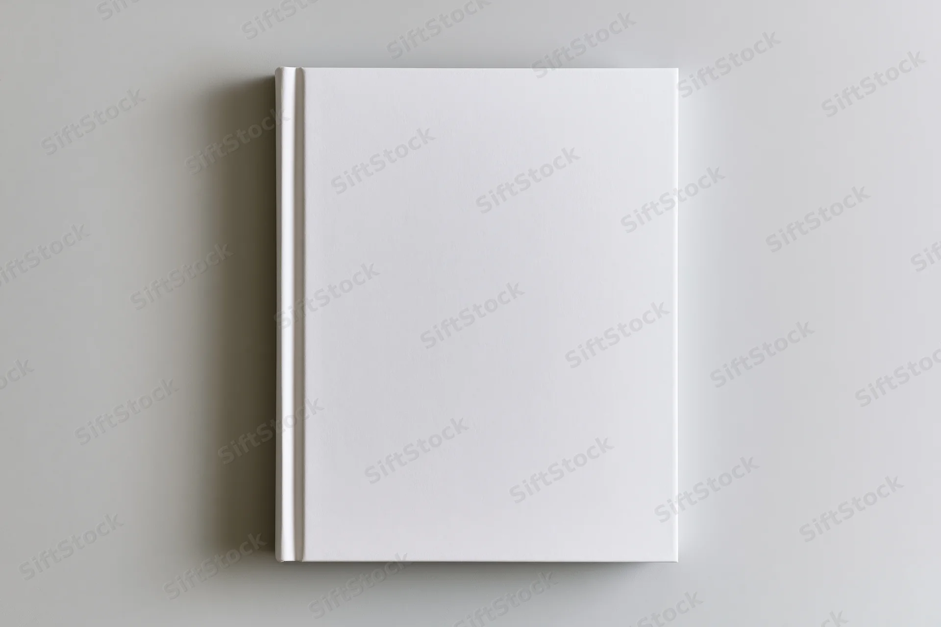 Blank white hardcover book lying flat on a gray surface