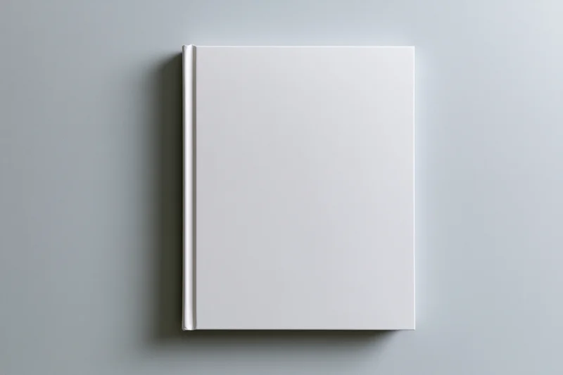 Blank white hardcover book lying flat on gray surface with copyspace
