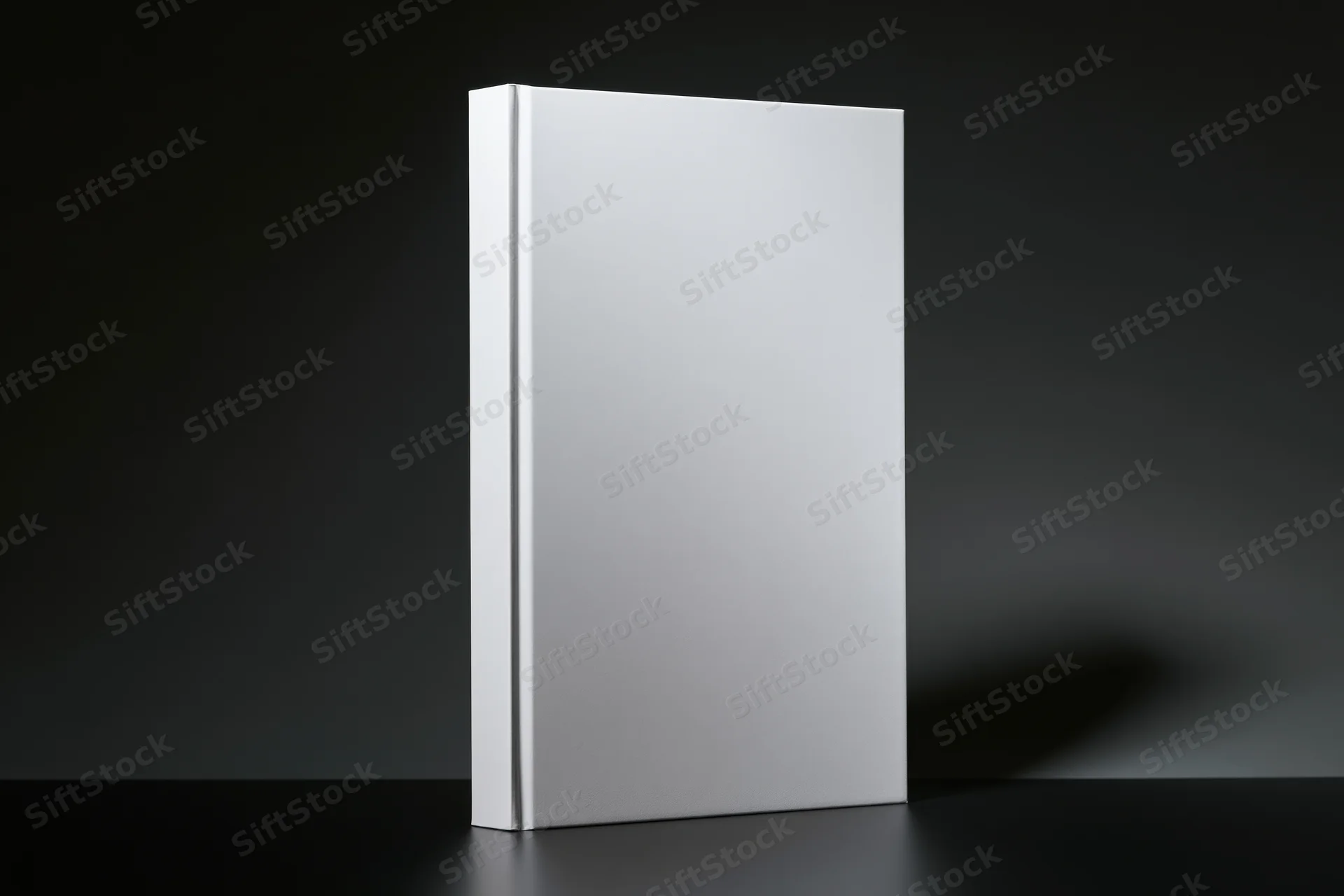 Blank white hardcover book standing upright on dark matte surface