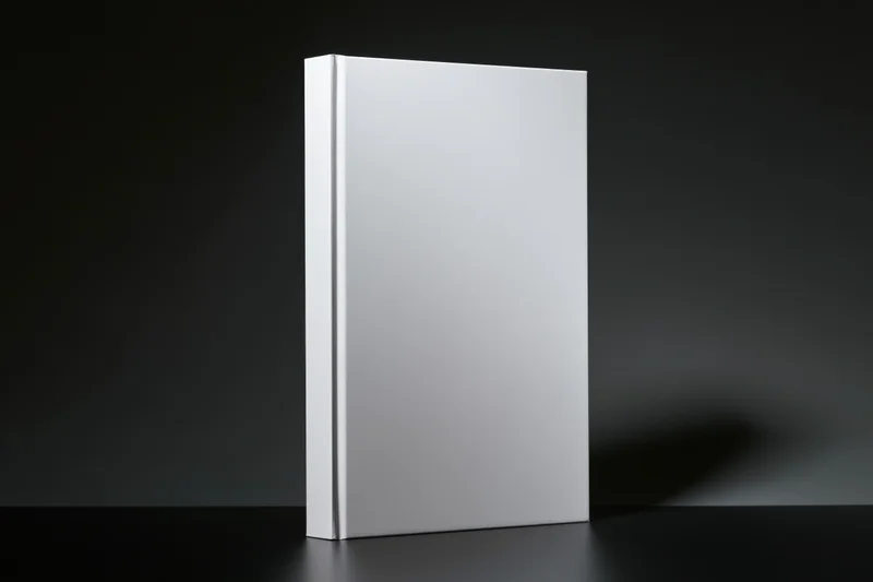 Blank white hardcover book standing upright on dark matte surface