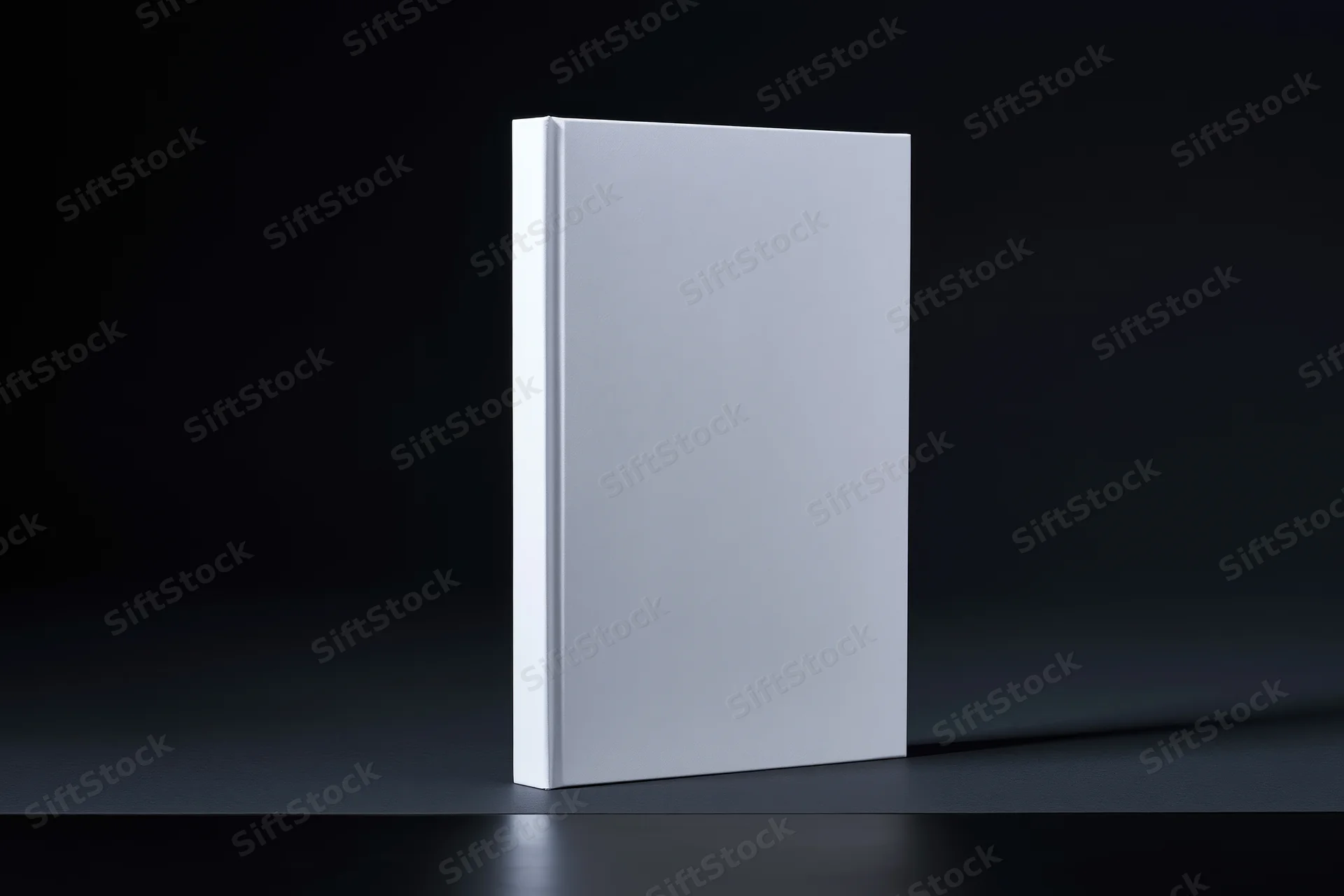 Blank white hardcover book standing upright on dark matte surface with copyspace