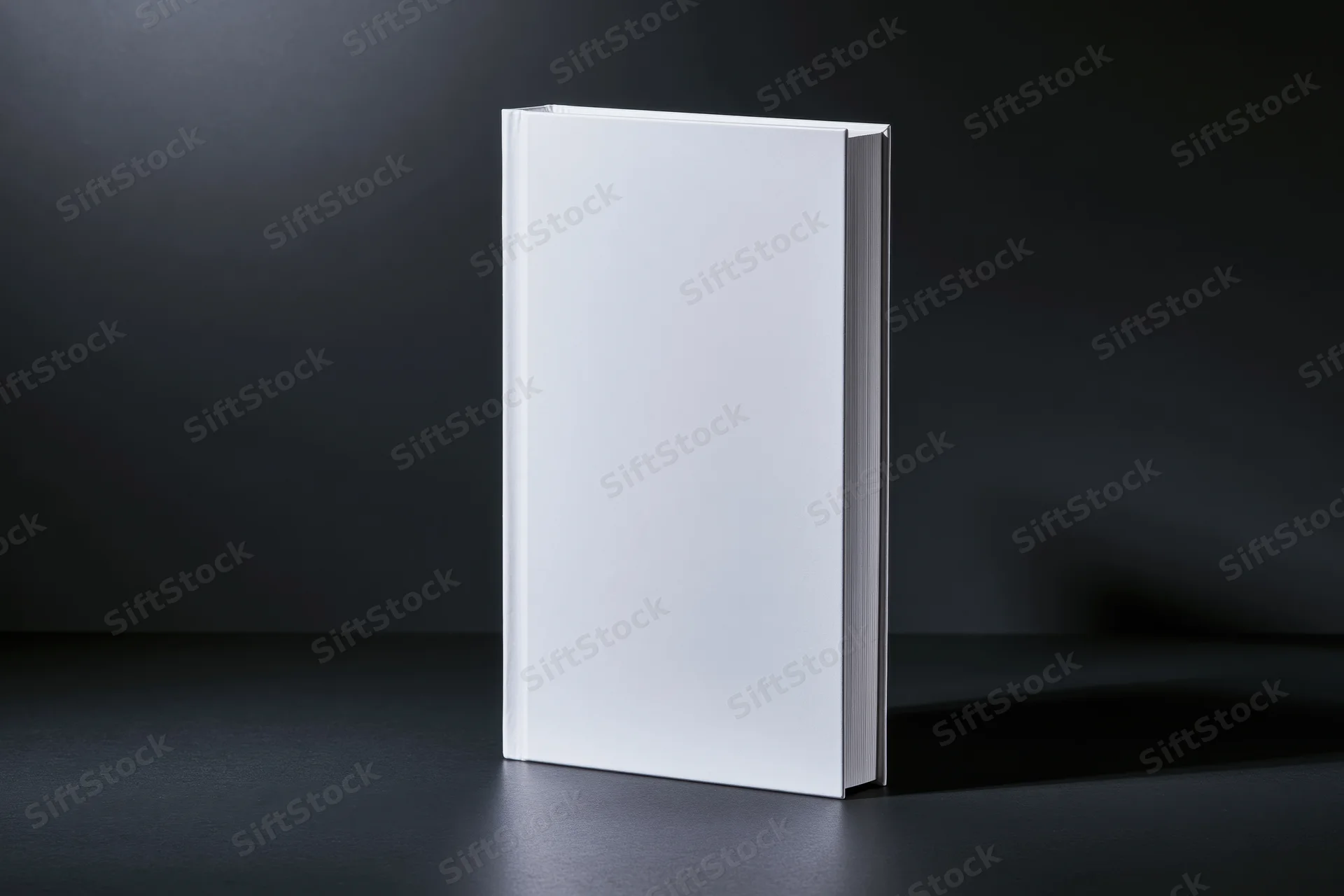Blank white hardcover book standing upright on dark matte surface