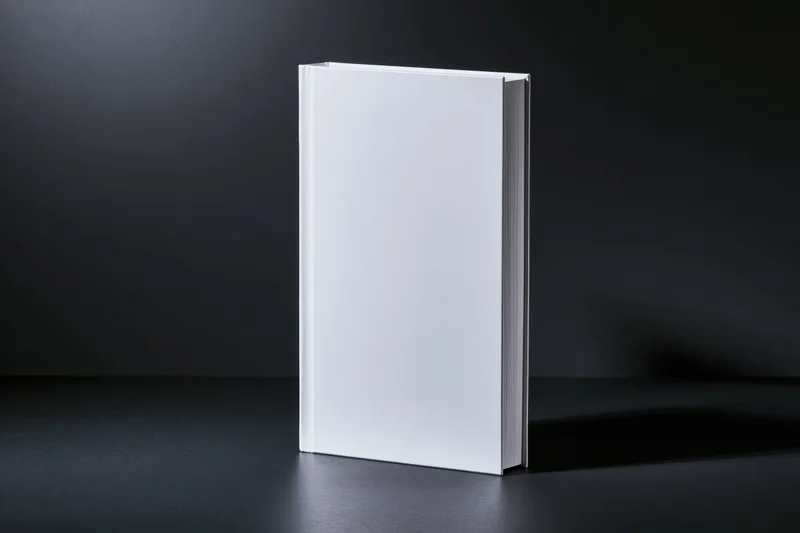 Blank white hardcover book standing upright on dark matte surface