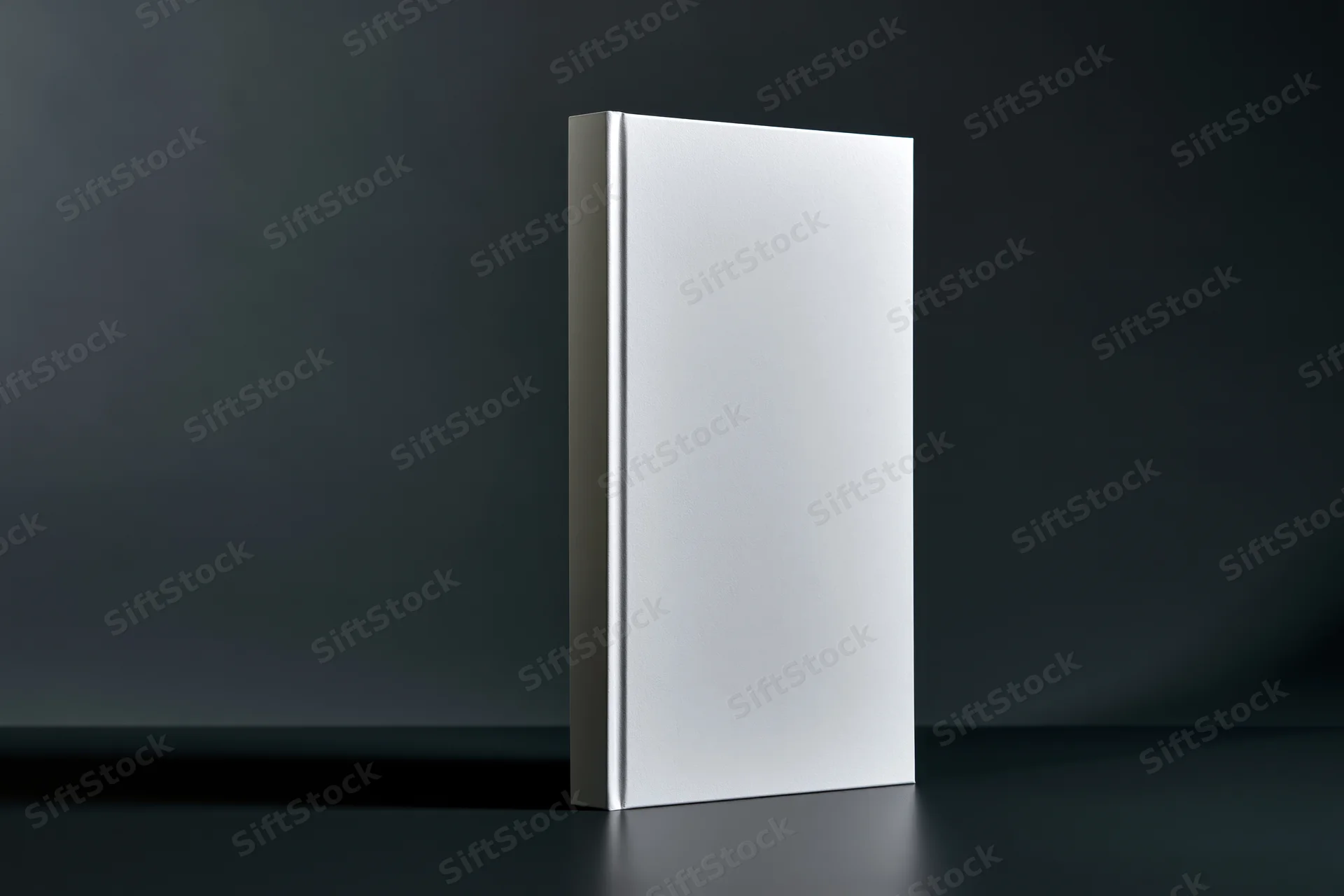 Blank white hardcover book standing upright on dark matte surface