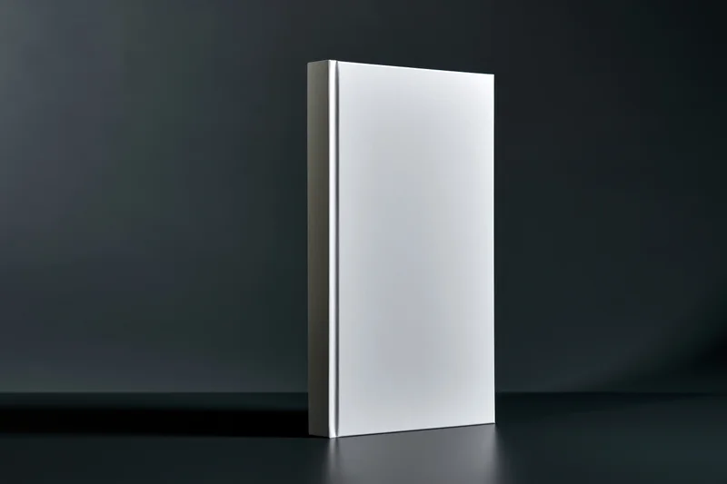 Blank white hardcover book standing upright on dark matte surface