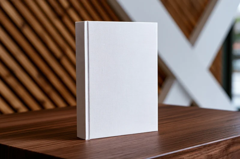 Blank white hardcover book standing upright on a dark walnut wooden table in a modern interior