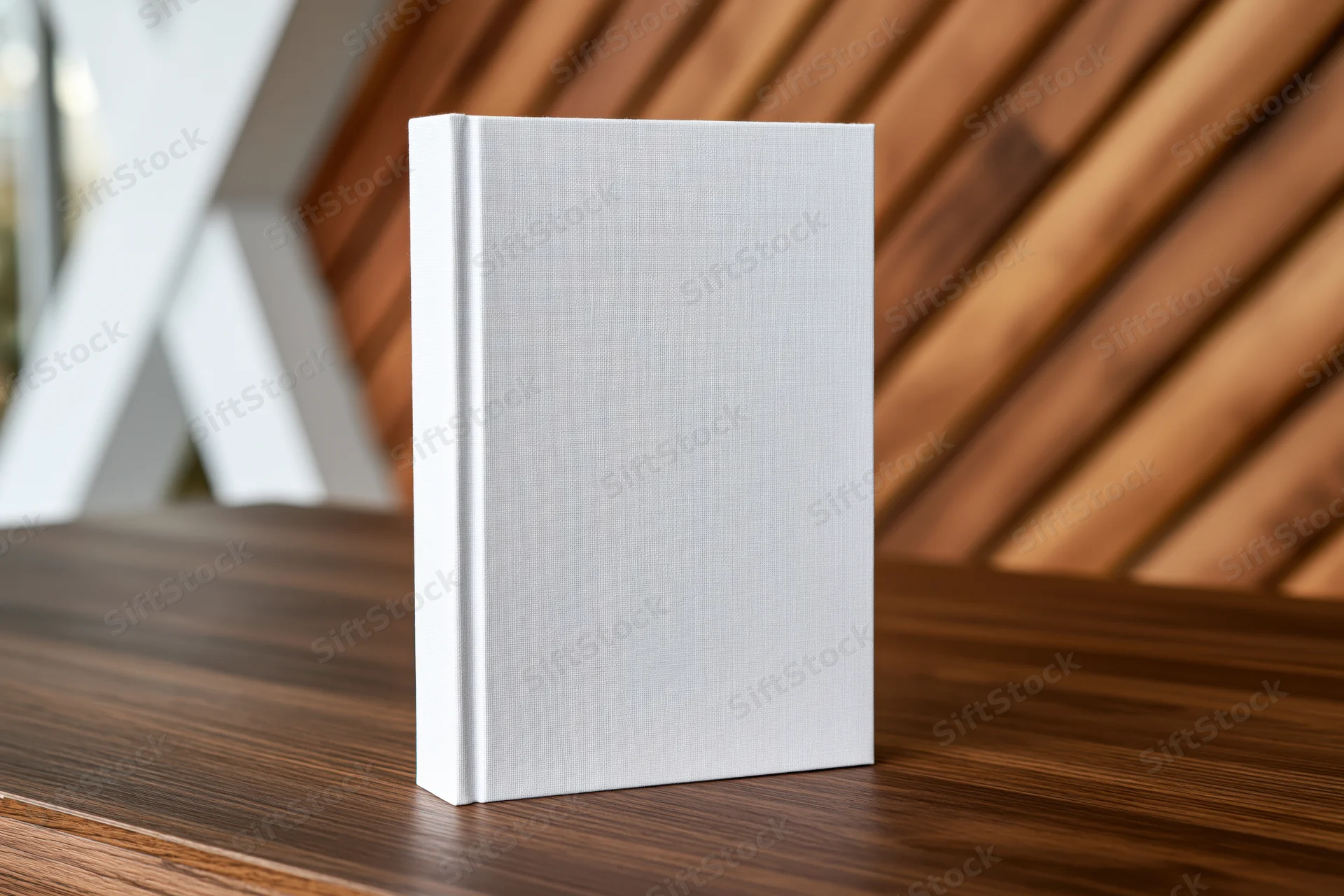 Blank white hardcover book standing upright on dark walnut table
