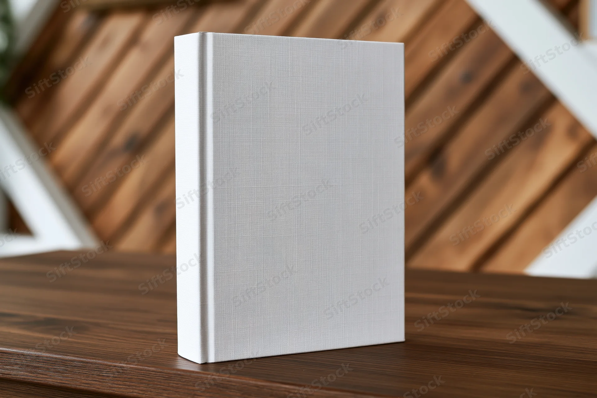 Blank white hardcover book standing upright on a dark walnut table